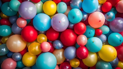 assortment of multicolored balloons of varying sizes, densely packed together. The balloons come in a plethora of hues, including red, blue, yellow, green, and purple
