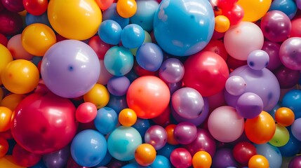 assortment of multicolored balloons of varying sizes, densely packed together. The balloons come in a plethora of hues, including red, blue, yellow, green, and purple