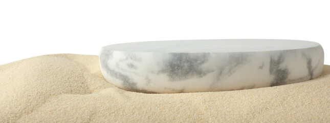 Presentation of product. Stone podium on sand against white background