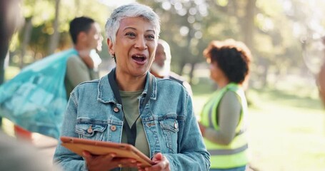 Charity, tablet or mature woman with team in forest for thank you, conversation or donation gratitude. Earth day, ngo or manager with digital, app or checklist for community service volunteer sign up