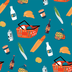 Cartoon seamless pattern with product packaging and basket.Bread, apples, onions, milk, wine, bananas,yogurt.Set of goods from a grocery store.Vector design for banner template,backgrounds,fabric.