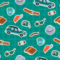 Cartoon seamless pattern with male objects and symbols.Set of stickers on a checkered background.Hand drawn car, glasses, mustache, belt, cup, cap, hat, watch, camera.Vector design for Fathers Day.