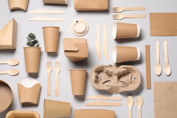 Flat lay composition with eco friendly food packagings and eucalyptus leaves on light grey...