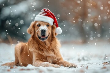 Golden Retriever breed dog wearing festive red Santa hat posing outdoor in snowy park decorated for holidays . Christmas celebration. Bright warm colours
