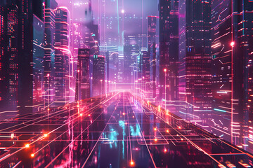 Naklejka premium Futuristic digital cityscape with vibrant neon lights and dynamic data flow lines, simulating a high-tech environment. AI