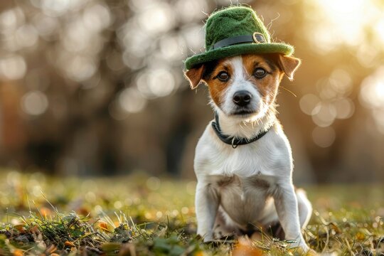 Jack Russel breed dog wearing festive green hat posing outdoor in park. St. Patrick day celebration.