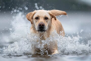 Labrador jumps in the water. Pet activity 