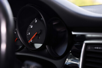 Dashboard inside of modern black car, closeup