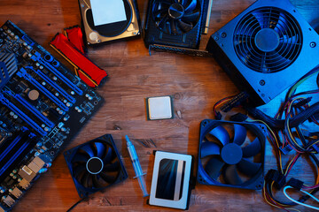 Top view of modern computer parts put together. Building personal gaming and workstation pc...