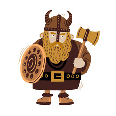 Funny viking in armor with an ax and a shield on a light isolated background. Medieval wars in full armor vector illustration. Cartoon character for design of children's rooms, postcards, textiles.