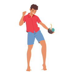 Man Dances Joyfully At A Beach Party, Holding A Coconut Drink With A Straw And Umbrella, Wearing Casual Summer Clothes