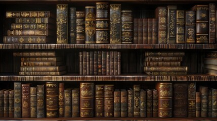 Old leather-bound books stacked high, intricate gold detailing on the spines, set on a rich wooden bookshelf realistic