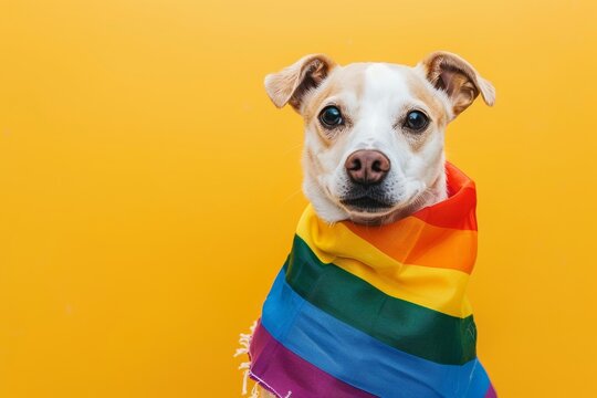 Cute dog with LGBT flag on yellow background. Jack Russell Terrier in rainbow flag. Gay pride pet. Pride Month, Pride Day in June. Diversity, freedom and pride LGBT people. Creative and humor banner