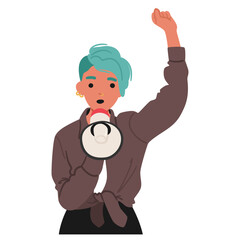 Vibrant Young Woman With Turquoise Hair Actively Using A Megaphone To Communicate Or Protest, Vector Illustration