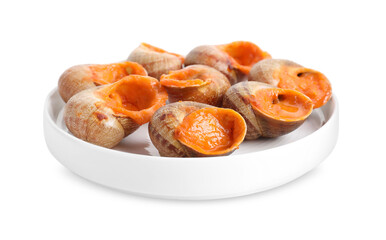 Many delicious cooked snails isolated on white