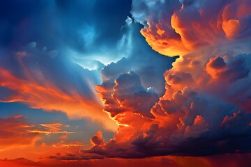 vivid orange and cool blue tones dominate a dramatic cloudscape cumulonimbus clouds rising high 
