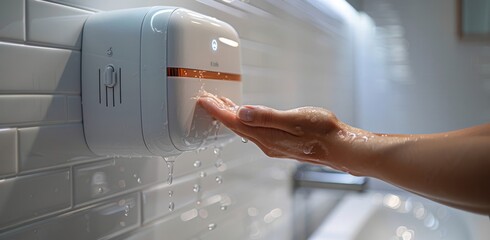 Close-up of a hand using an AI-powered hand sanitizer dispenser in a modern bathroom