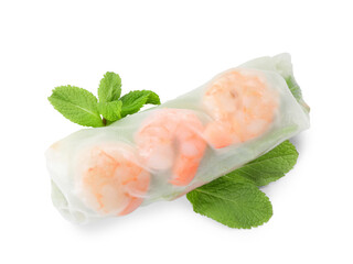 Tasty spring roll with shrimps and mint isolated on white, top view