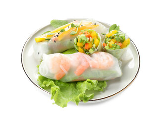 Plate with tasty spring rolls isolated on white
