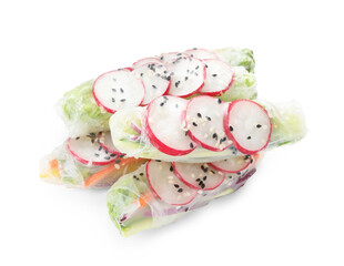 Delicious spring rolls wrapped in rice paper isolated on white