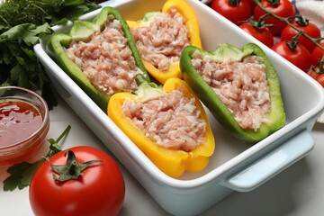 Raw stuffed peppers and ingredients on white table, closeup