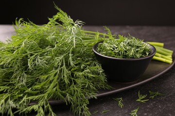 Sprigs of fresh dill and bowl with cut one on dark textured table, closeup