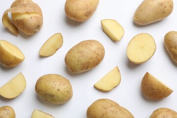 Fresh raw potatoes on white background, flat lay