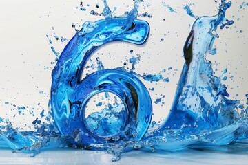 3D rendering of a number 6 made of blue water with splashes, standing out against a white background.
