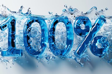 3D rendering of a number 100% made of blue water with splashes, standing out against a white...