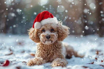 Poodle breed dog wearing festive red Santa hat posing outdoor in snowy park decorated for holidays . Christmas celebration. Bright warm colours. 