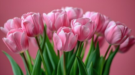 Fototapeta premium Beautiful composition spring flowers. Bouquet of pink tulips flowers on pastel pink background. more Space for text. 