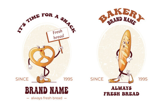 Vintage bakery brand logos with cute animated bread characters. Fashionable style of the 60-70s. Retro vector illustration in a modern style.