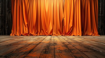 opened orange stage curtain with wooden floor realistic
