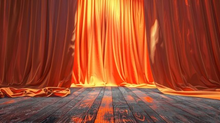 opened orange stage curtain with wooden floor realistic