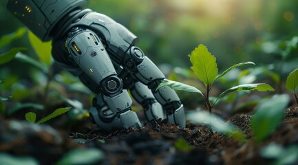 Futuristic robot arm gently planting an oak seedling in a lush forest setting