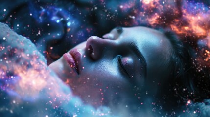 The close up picture of the caucasian female human that laying down for sleeping on the sea of the galaxy space that act like pillow that look fluffy and soft at the bright sky of a universe. AIGX03.