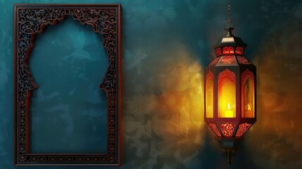 ornate ramadan lantern and an ornamental frame. lamp with arabic decoration. concept for islamic celebration day ramadan kareem. realistic