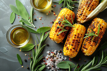 Grilled corn on the cob with herbs, oil, and spices, showcasing a delicious summer barbecue dish. - Powered by Adobe