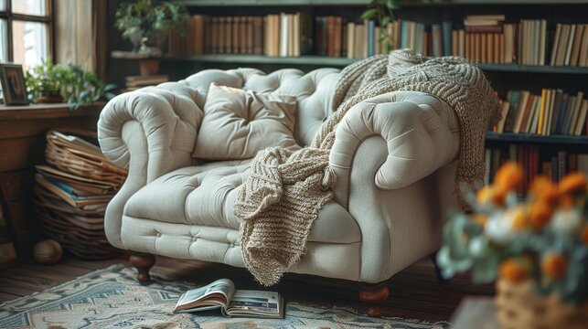 vintage reading nook, reading enthusiasts find solace in a vintage novels crisp pages and an oversized armchair, creating the perfect cozy haven
