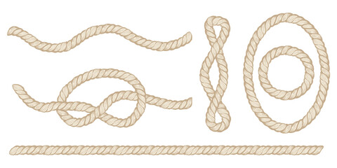 Vector set design elements with rope. Vector rope knot and frame.