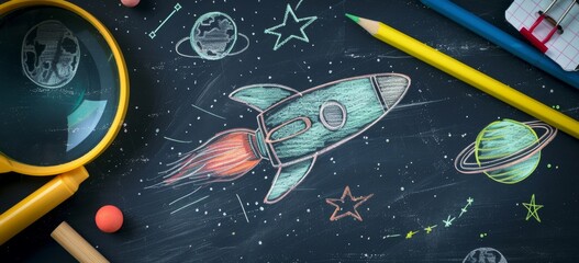 Colorful chalk drawings on a blackboard depicting space with a rocket, planets, and stars