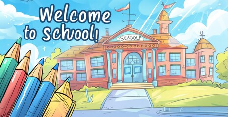 Colorful cartoon illustration of a welcoming school environment