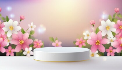 Background podium 3D spring flower product beauty pink display nature. 3D podium stand background scene floral mockup cosmetic white blossom summer abstract shadow platform minimal design render ... S