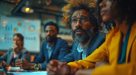 Focused professionals in a brainstorming session at a modern office