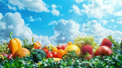 Panoramic photo fruits and vegetables on background clouds and blue sky. realistic