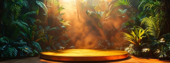 Golden podium on a stage set deep in a lush tropical jungle with dramatic mist