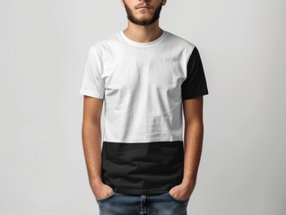 Happy man posing with the hands in his pockets and smiling. Latin man wearing a mock up t-shirt design while standing in front of a white background