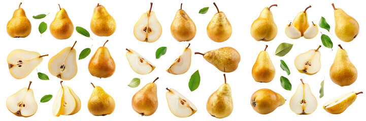 Pear fruit, different angles and view side top front group sliced cut, isolated on transparent background