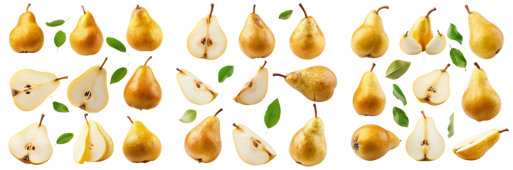 Pear fruit, different angles and view side top front group sliced cut, isolated on transparent background