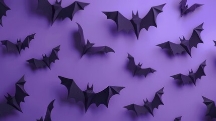 Pattern bat silhouettes on violet background. Modern halloween illustration. Trendy 3d background....